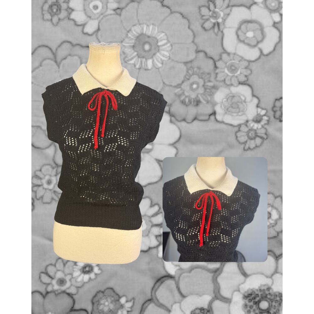 Vintage 70s College Town Black Open Weave Peter Pan Collar Blouse Size S/M
